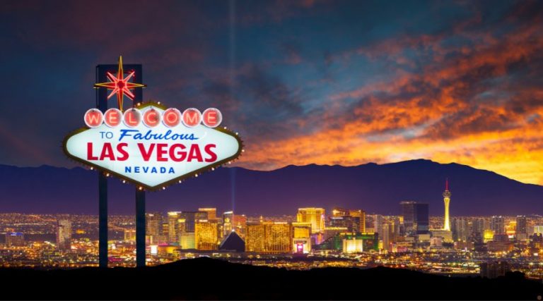 The famous "welcome to Las Vegas" sign in front of the main city.